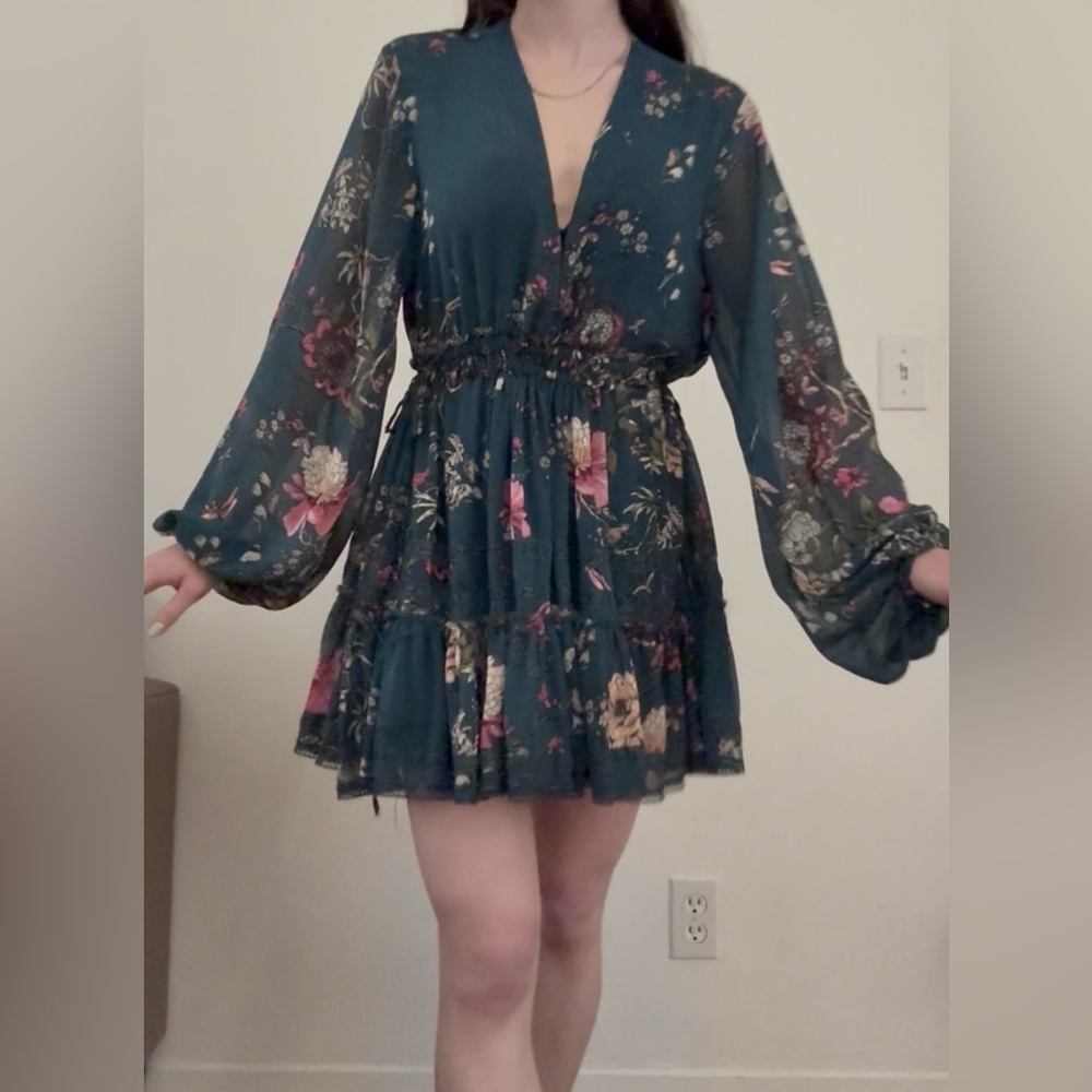 Free People Cherry Blossom Mini Dress in dark green teal